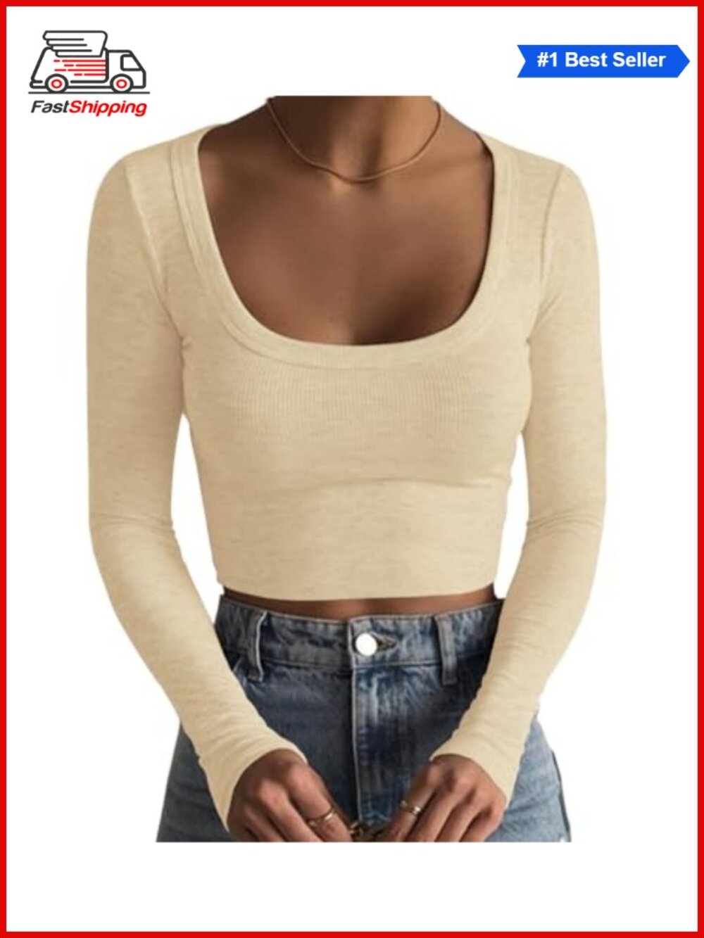 ✨ Square Neck Long Sleeve Ribbed Slim Fitted Casual Crop Top